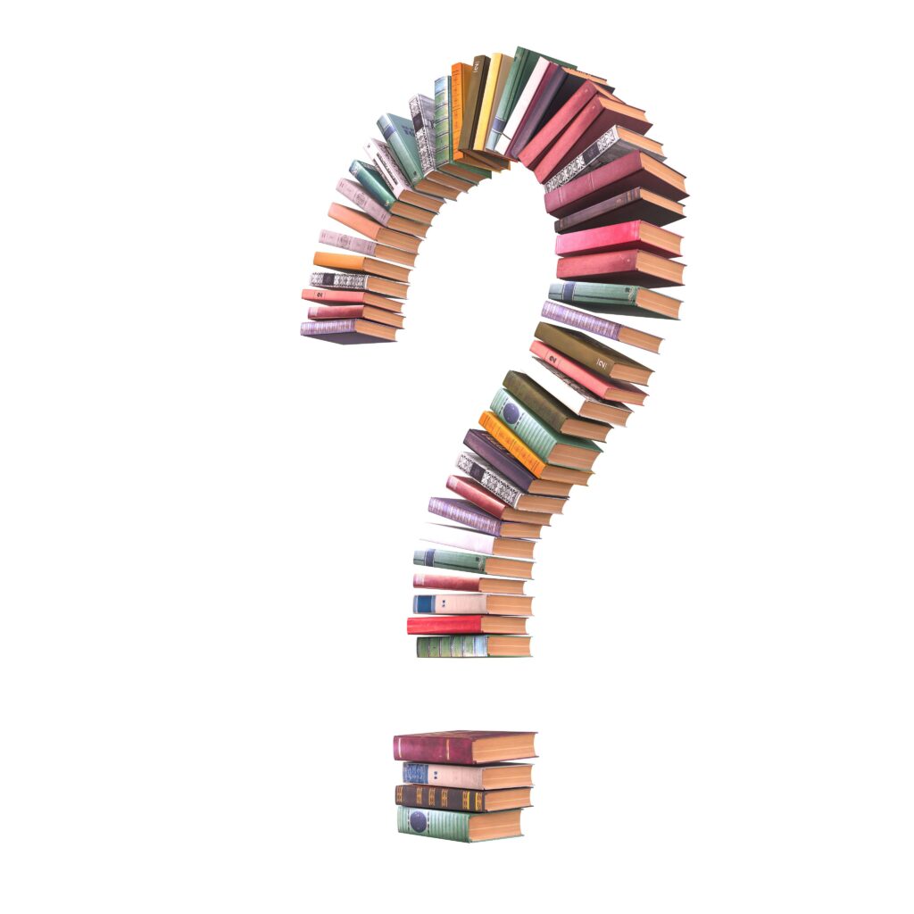 stack of books forming a question mark, research