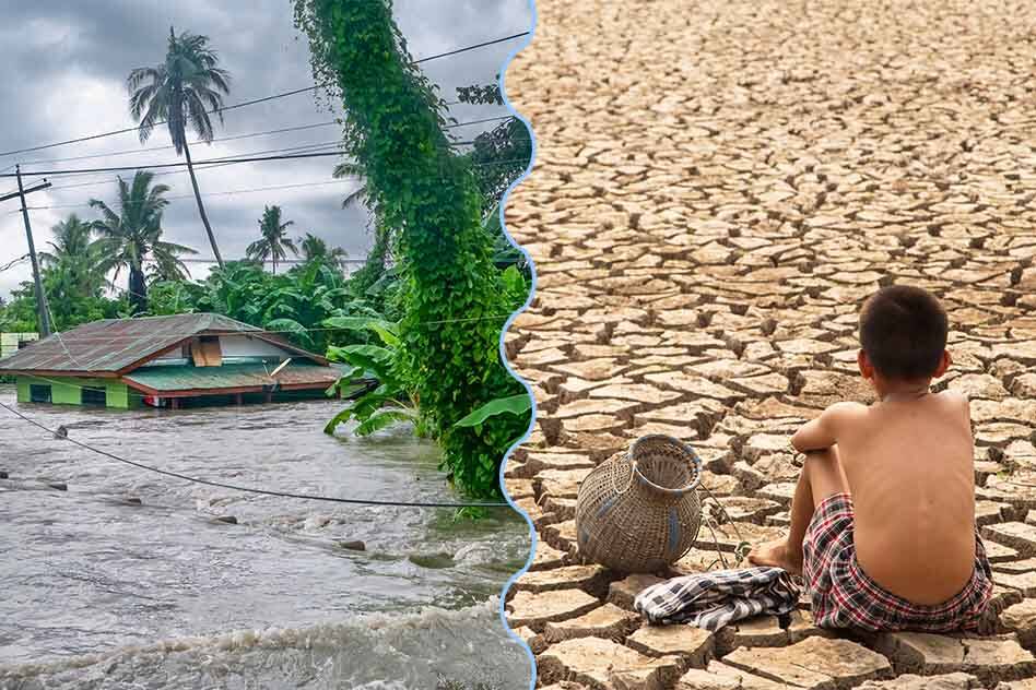 Flooded house and dried out earth.