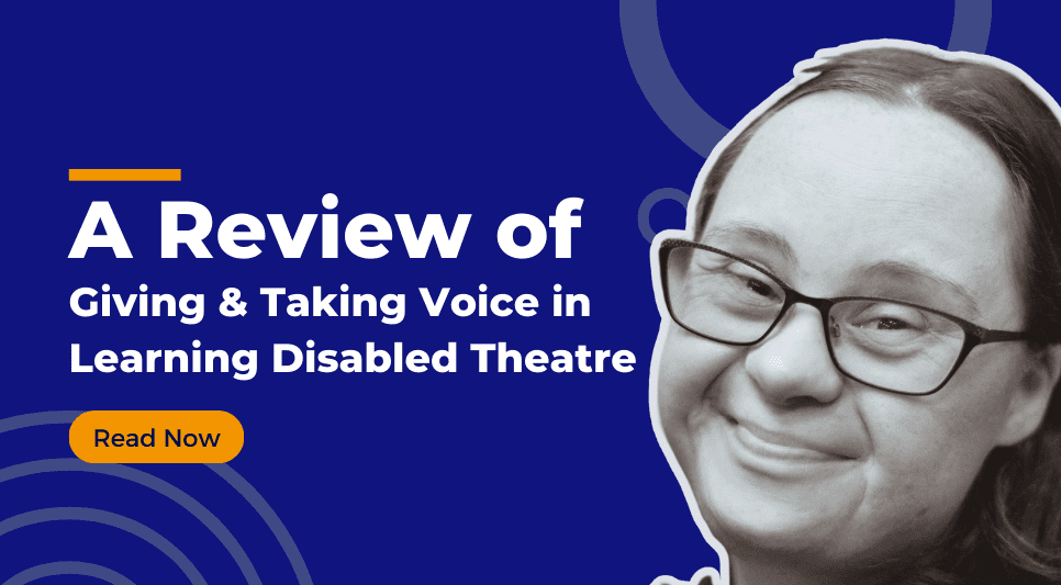 A theatre actress with a learning disability smiling and wearing glasses.