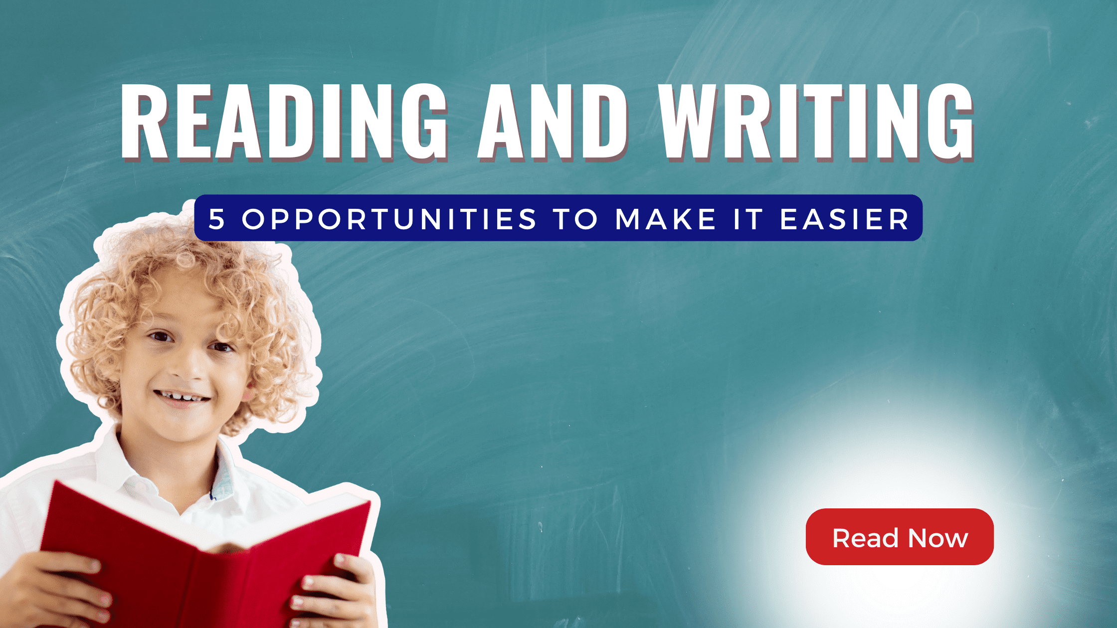 Boy with curly hair reading a red book against a chalkboard 