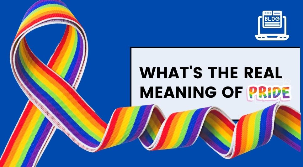 Large rainbow Pride ribbon flowing across blue background