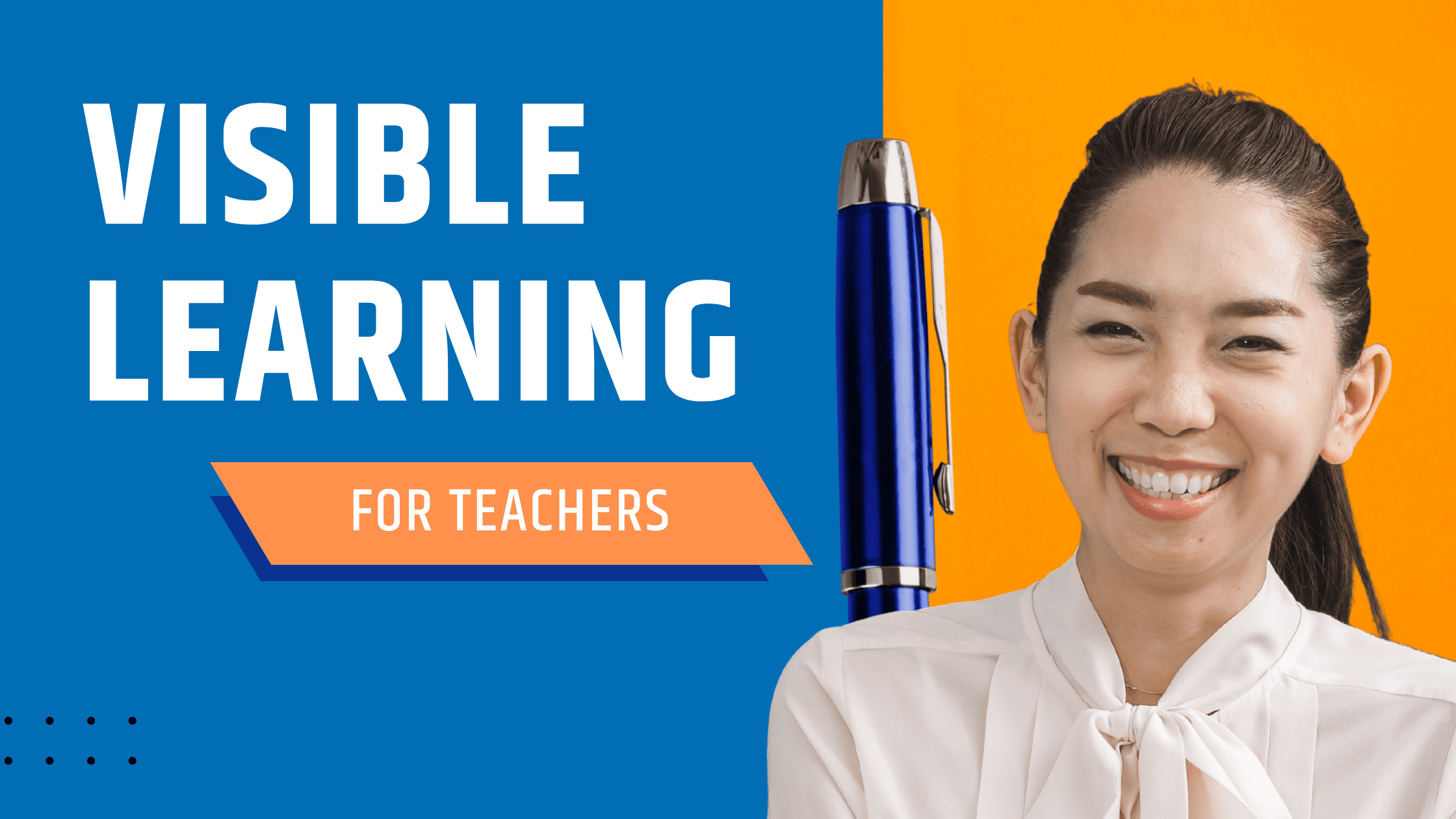 Teacher with a ponytail smiling with a pen behind her