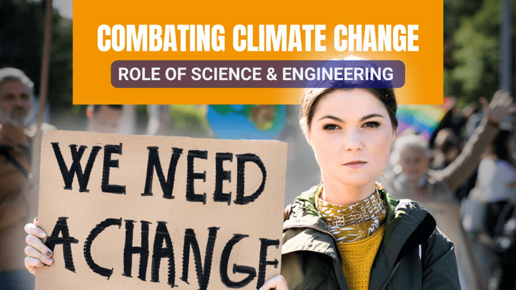 Woman with a ponytail at a climate change protest holding a sign saying We Need Change