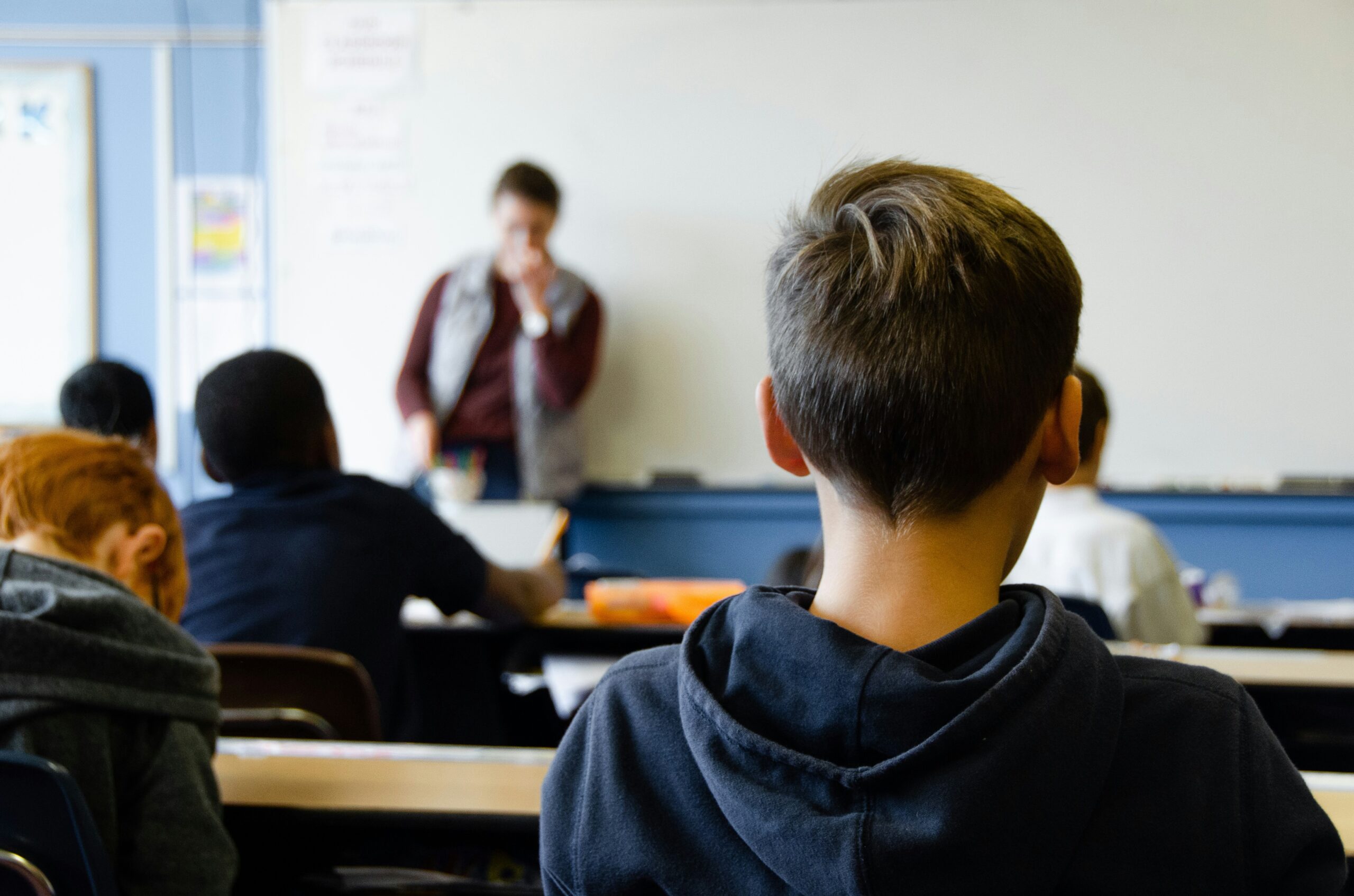 back of child's head in classroom