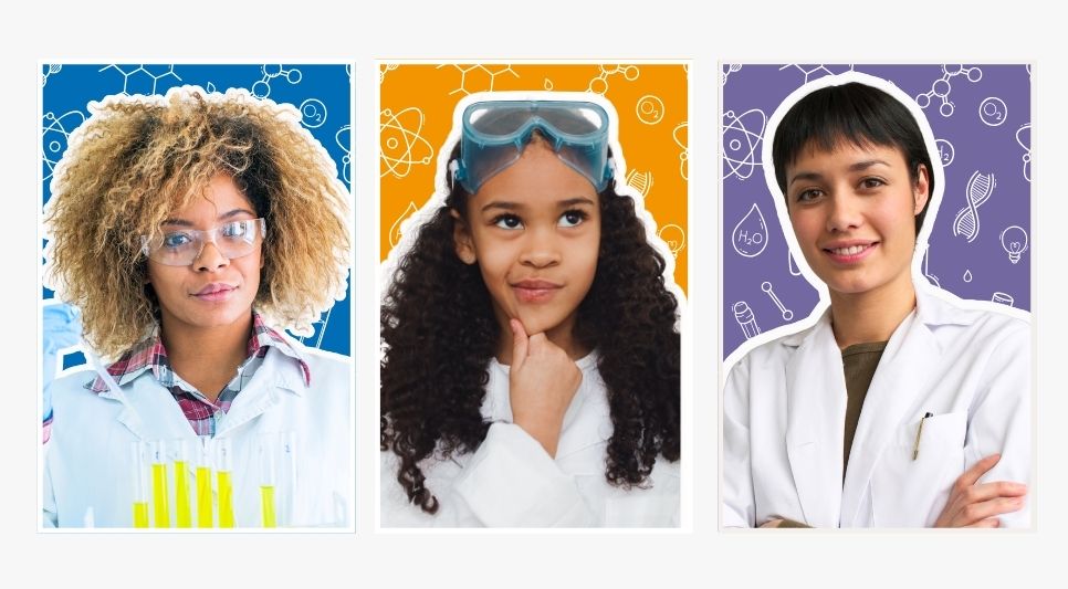 Woman scientist with curly hair in lab coat next to girl scientist with dark curly hair wearing goggles on her head. On the right is a woman scientist with dark bangs wearing a white lab coat.