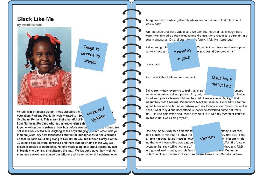 An excerpt from “Black Like Me” by Renèe Watson, marked up with structural moves to use as a mentor text.
