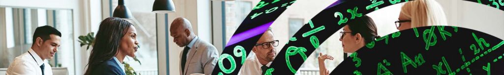 researchers talking to each other with scientific numerals overlayed